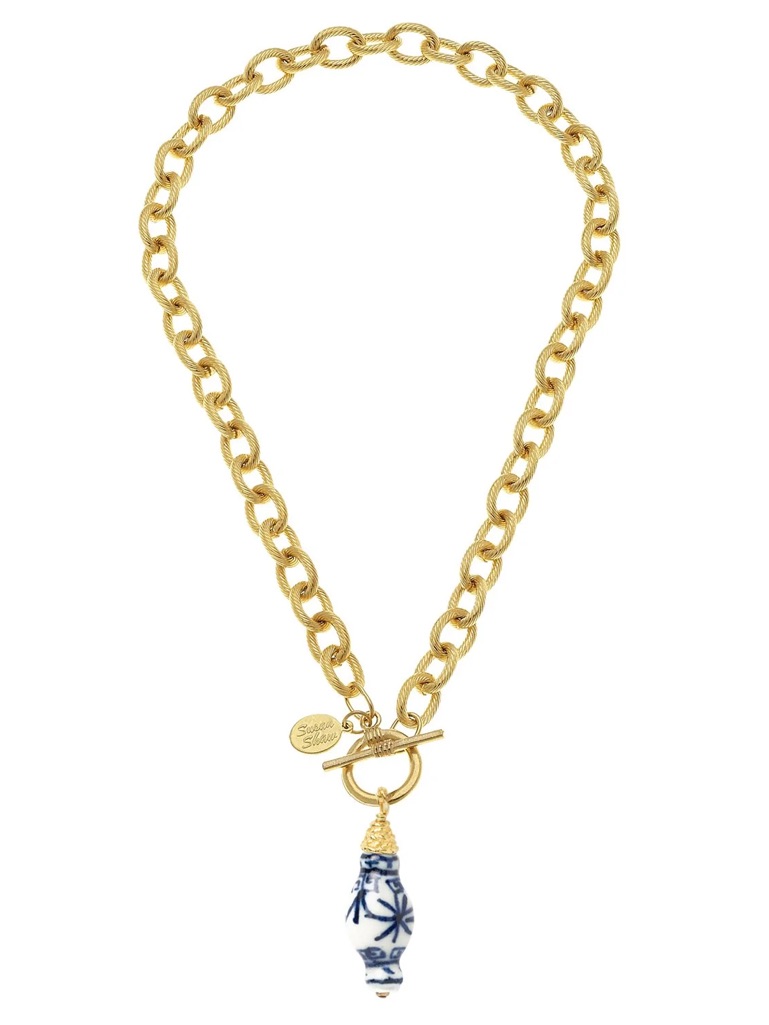 Gold Chain Necklace With Blue And White Ceramic Pendant
